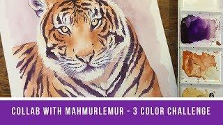 3 Color Challenge: Tiger Watercolor Portrait - Collaboration with MahmurLemur!