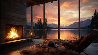 Sunset Lake & Fireplace Ambience: Relaxing Evening by the Shore with Soothing Sounds | Resting Area