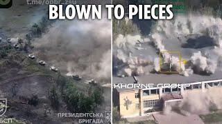 Ukrainian kamikaze drone swarm obliterates entire column of Russian armour