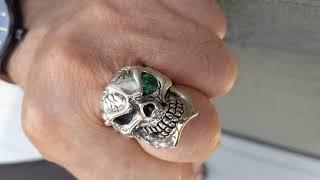 Emerald Eyes Silver Mens Skull Rings