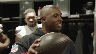 Locker room: DeMeco Ryans speaks to the team after the win over the Jacksonville Jaguars.