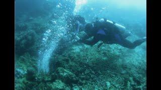 Divers collect underwater gas bubbles