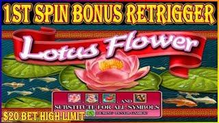  1st SPIN BONUS RETRIGGER   LOTUS FLOWER  HIGH LIMIT SLOT MACHINE 