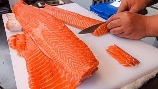 How to cut a salmon for Sushi / 鮭魚切割, 炙燒鮭魚壽司製作 - Taiwan Street Food