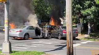 3 vehicle accident two cars on fire