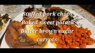 Stuffed Pork Chops Baked sweet potatoes and Butter brown sugar carrots #freezercleanoutchallenge