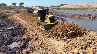 Amazing Road Construction! Dump Truck Operate Pouring Rock to Bulldozer Pushing Make Road Foundation