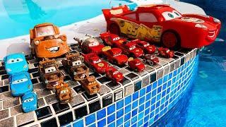 Disney Pixar Cars falling into deep pool, Lightning McQueen, Tow Mater, Mack, Sally, Francesco