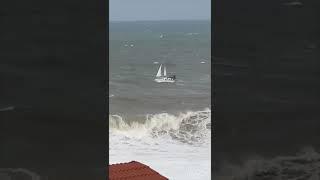 Sailboat capsize and rolls with a wave, in Torres Vedras - Portugal  #freepalestine ️