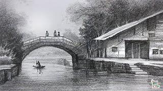 How to draw House and Bridge at Lake in A Pencil Scenery Art