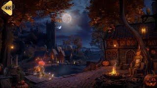 Fantasy Halloween Ambience - Cozy Autumn Village Halloween Ambience | Crackling Fire & Nature Sounds