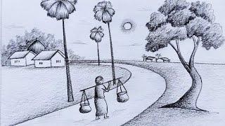 Easy village landscape drawing tutorial for beginners || Pencil sketch scenery drawing