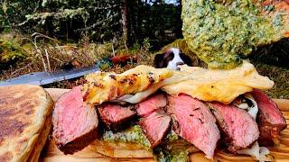 STEAK SANDWICH with FIRE-BAKED CHEESE  Recipe Prepared from Scratch in Nature MenWithThePot Style 