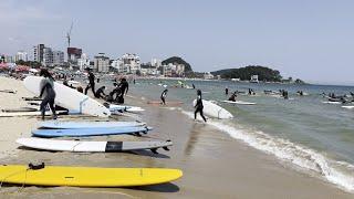 부산 송정 해수욕장 여름 풍경 서핑의 성지 답게 많은 사람들이 즐기고 있어요  Busan Songjeong Beach  ‍️ walking  tour  korea 4k hdr