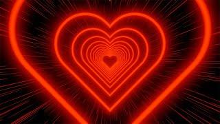 Neon tunnel of red hearts on a black striped background. Video Loop