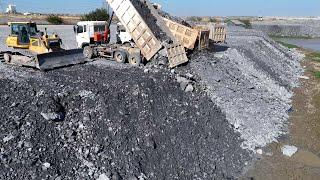 Excellent Work Flood Areas !! Technique Filling Stone Into Deeply Lake, Bulldozer Push Stone