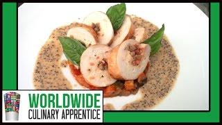 Chicken Roulade,Grainy Mustard Sauce, bed of Ratatouille. How to use Caul Fat. Crepinette de Poulet