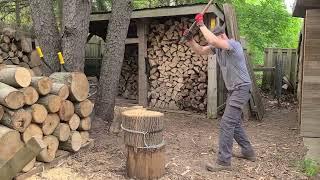 Splitting wood and saving time with chain and bungee.