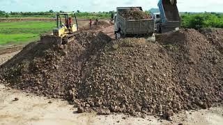 The best Dump truck unloading soil with Bulldozer pushing soil build New Road.