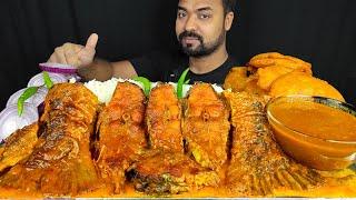 HUGE SPICY BIG FISH CURRY, FISH GRAVY, PUMPKIN PAKORA, SALAD, RICE MUKBANG EATING SHOW | BIG BITES