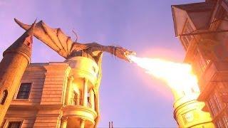 Diagon Alley Gringotts Dragon Breathes Fire Day into Night + Fireworks, Wizarding World Harry Potter