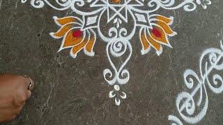 Easy & Beautiful rangoli with side border designs | Friday rangoli | Lotus kolam | Border muggulu