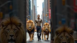 A man in New York City walking with 2 lions #magic #shorts #lion