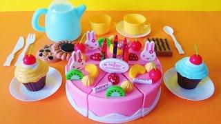 Toy birthday fruit cake cupcakes cookies tea party playset velcro cutting food