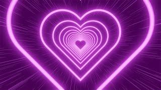 Neon tunnel of purple hearts on a dark purple striped background. Video Loop