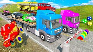 Double Flatbed Trailer Truck Rescue Fat Cars vs Slide Color - Cars vs Rails and Trains - BeamNG