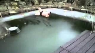 German Man Cannonballs Frozen Pool    Owww Mein Arsch!