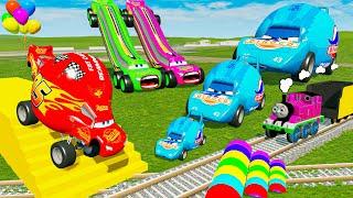 Fat cars vs LONG CARS vs Funny Cars with Stairs Color - Cars vs Rails and Trains - BeamNG.drive