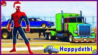 Spiderman on a large truck rescues a long colored typewriter, cartoons for children