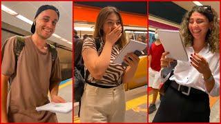 Drawing realistic portraits of strangers on the subway - Best Surprise Reactions ( wide angle )