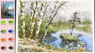 Landscape Watercolor - Trees In The Lake (2X speed, color name view, watercolor material)  NAMIL ART