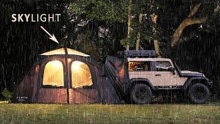 SOLO RAIN Camping in a SKYLIGHT TENT | cozy, relaxing car shelter | ASMR