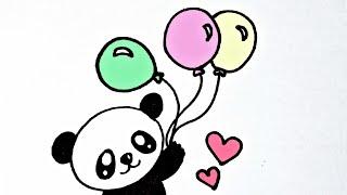 How to Draw a Cute Panda Holding a Balloon, Easy Drawings