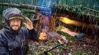 Building a Survival Shelter Under Fallen Trees | Solo Bushcraft Camp in the Winter Rain