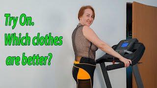 Try On. Which clothes are better? Treadmill. Exercising at home. Sportswear. Mila Naturist.