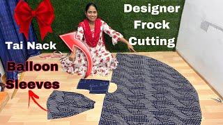 Designer Umbrella Frock Cutting With Balloon Sleeves and  ribbon Neck design