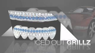 White / Blue Double Deck Iced Out Silver Grillz Hip Hop Grills TOP & BOTTOM   TEETH COMBO