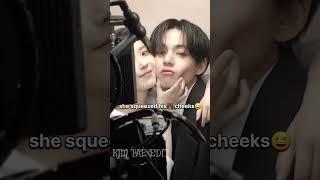 The way IU squeezed taehyung's cheeks🫣 poor baby#bts #taehyung #shorts