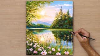 Draw a Lake landscape in the forest / Acrylic landscape painting / Art painting