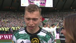 Celtic's Alistair Johnston reacts to winning the Scottish Cup final against Rangers