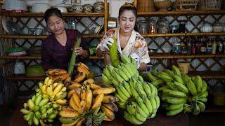 Sreypov Life Show: Banna chips, Stir-fry vegetable with sea food, fry fish - Family food cooking