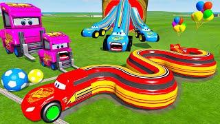 LONG CARS vs SPEEDBUMPS - Big & Small: Snake Mcqueen with Spinner Wheels vs Thomas Trains - BeamNG