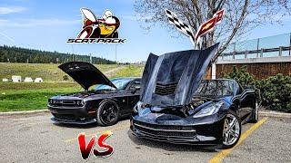 How much faster is a Corvette Stingray vs Challenger Scatpack manual? (6.2L vs 6.4L)