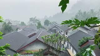 Heavy Rain in the cold Village on the hill||indonesian Village