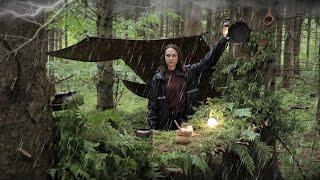 SOLO Bushcraft Trip in Rain and Thunder - Building a Kitchen ️ ASMR