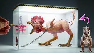 Diorama of a chicken turning into a T-Rex in the laboratory